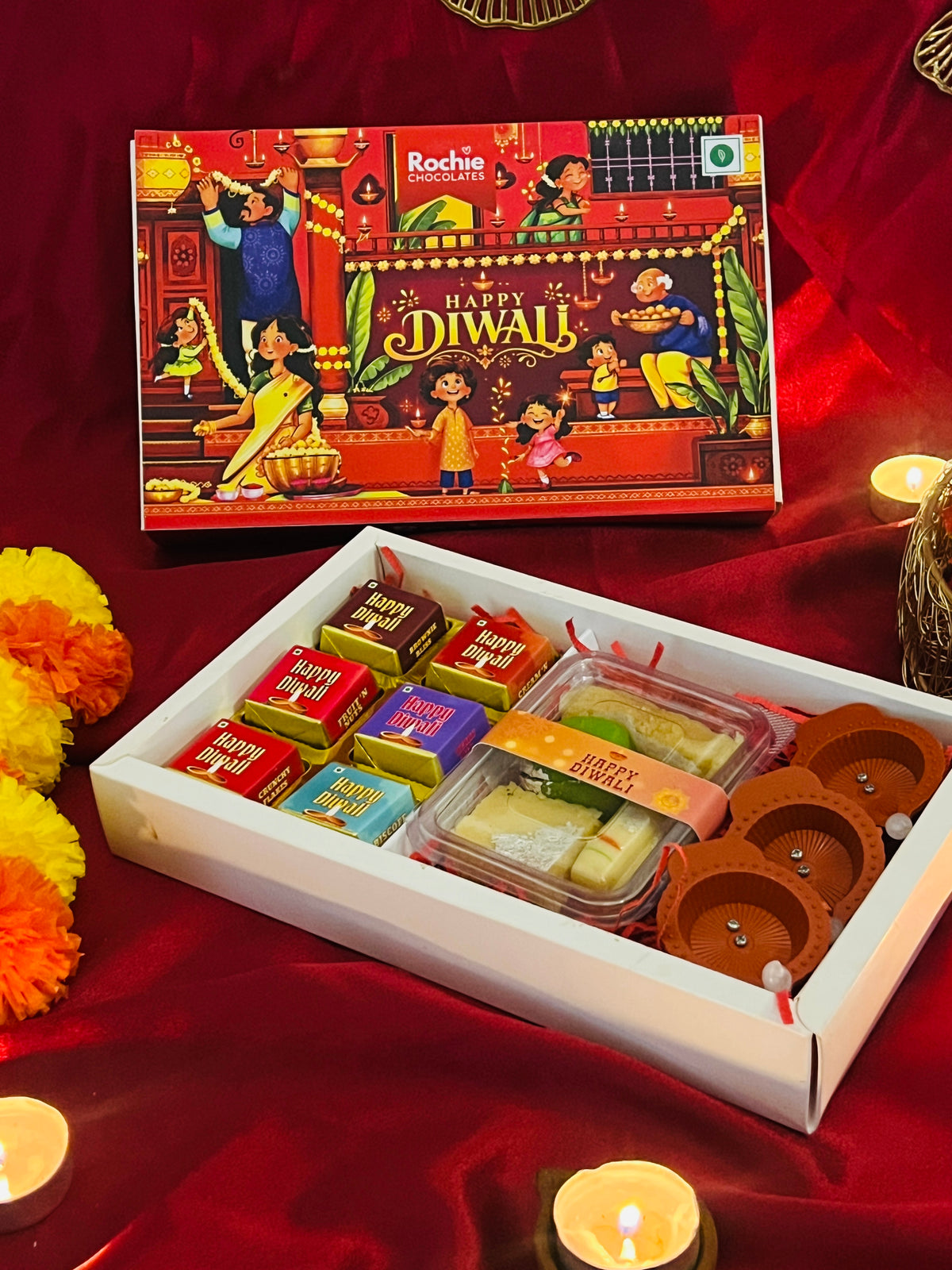 Happy Diwali Gift Box – Premium Chocolates, Sweets & Electric Diyas Set of 2
