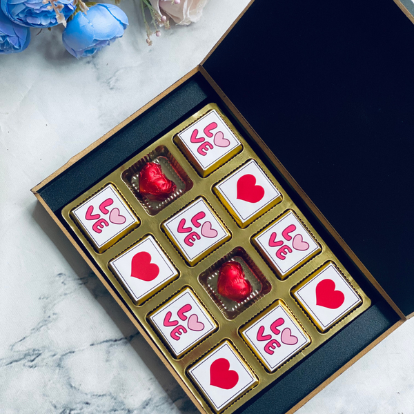 Custom wrapped Chocolates in Wooden Black Box