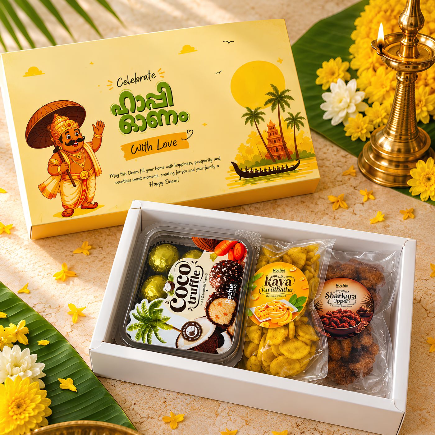 Happy Onam Gift Box Combo – Coconut Truffle Chocolates with Kerala Banana Chips – Set of 2
