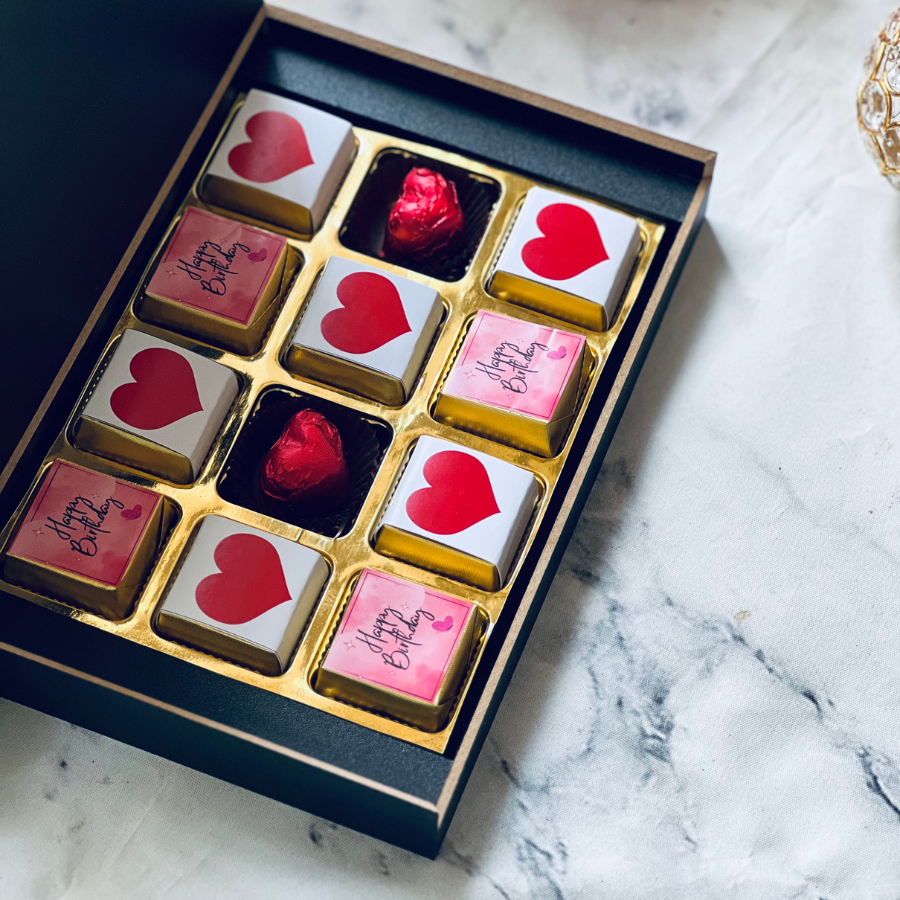 Custom wrapped Chocolates in Wooden Black Box