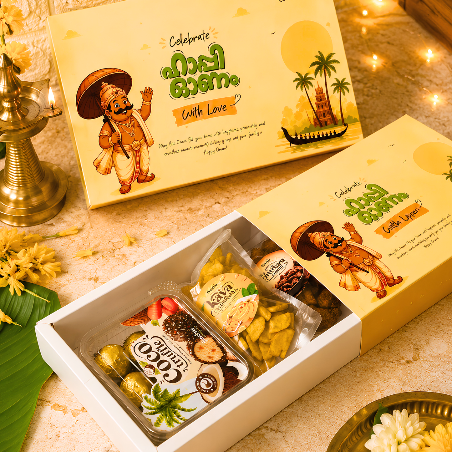 Happy Onam Gift Box Combo – Coconut Truffle Chocolates with Kerala Banana Chips – Set of 2