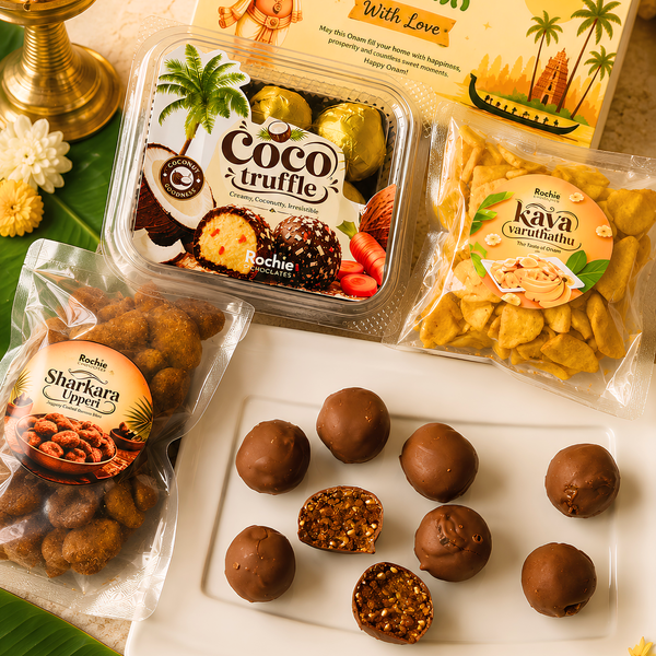 Happy Onam Gift Box Combo – Coconut Truffle Chocolates with Kerala Banana Chips – Set of 2
