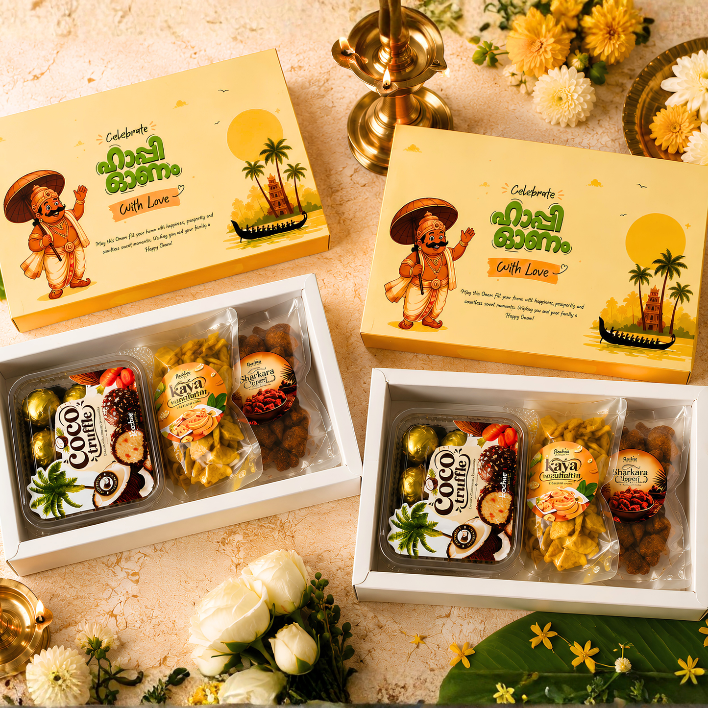 Happy Onam Gift Box Combo – Coconut Truffle Chocolates with Kerala Banana Chips – Set of 2