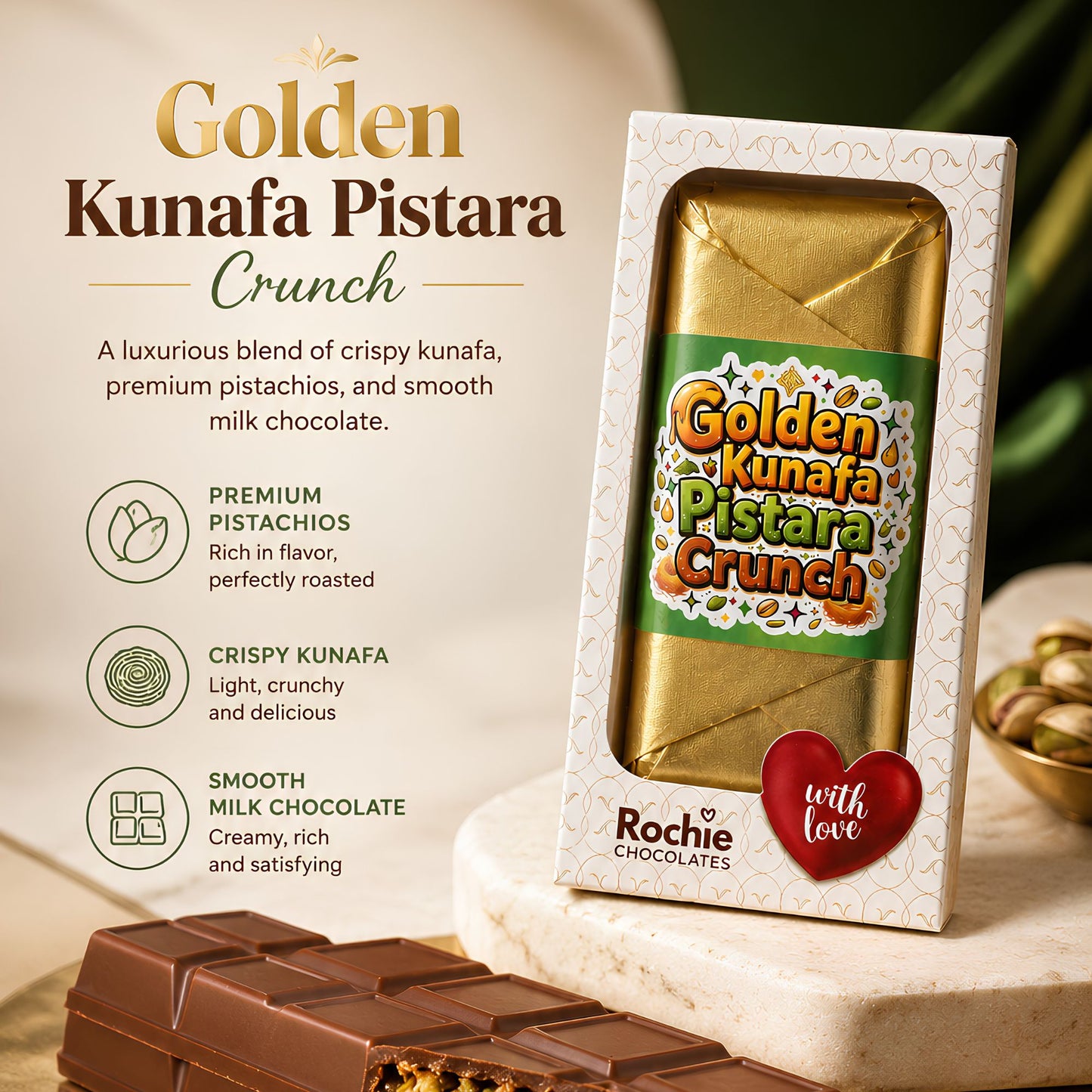 Golden Kunafa Pistara Crunch | Premium Chocolate Bar 🍫