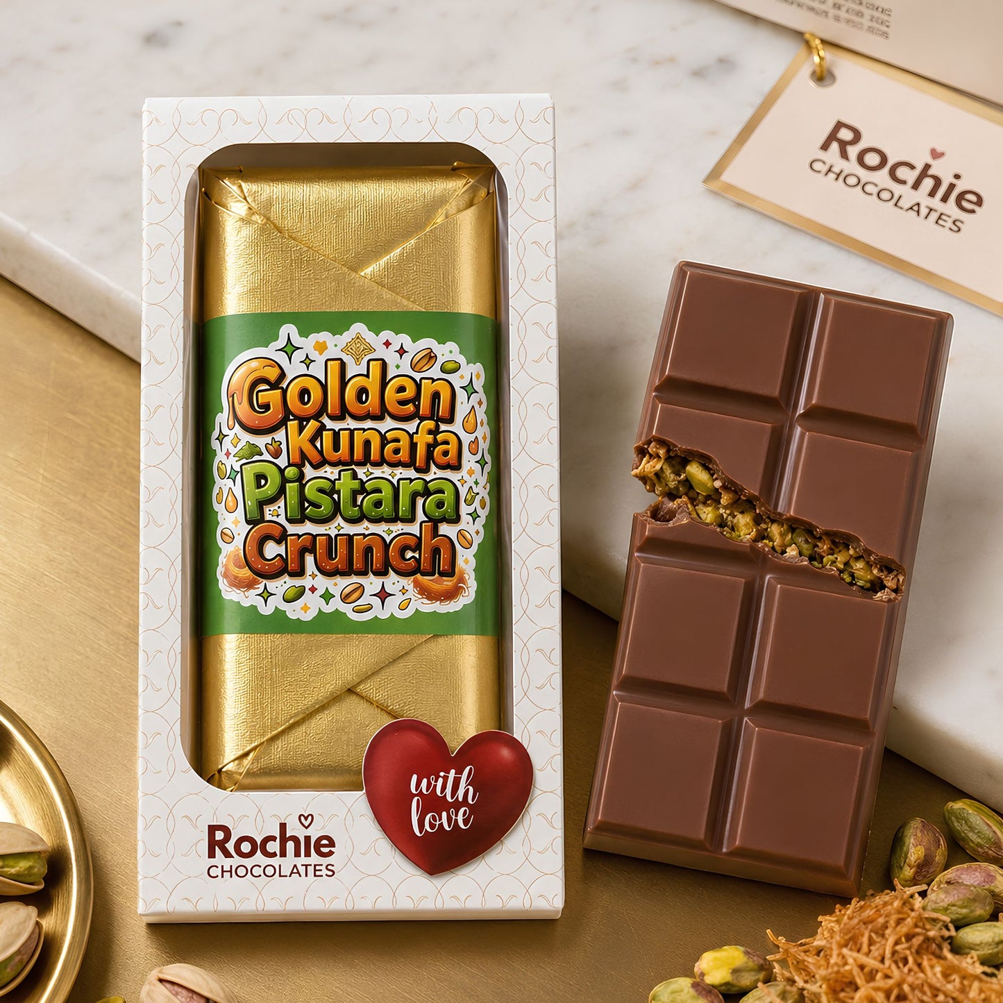 Golden Kunafa Pistara Crunch | Premium Chocolate Bar 🍫