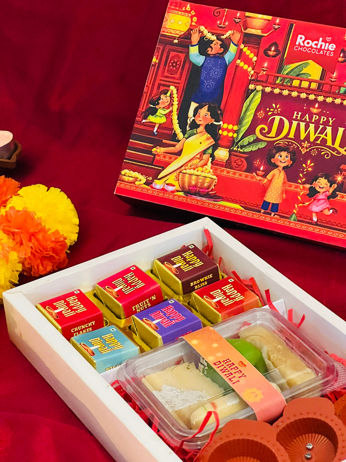 Happy Diwali Gift Box – Premium Chocolates, Sweets & Electric Diyas Set of 2