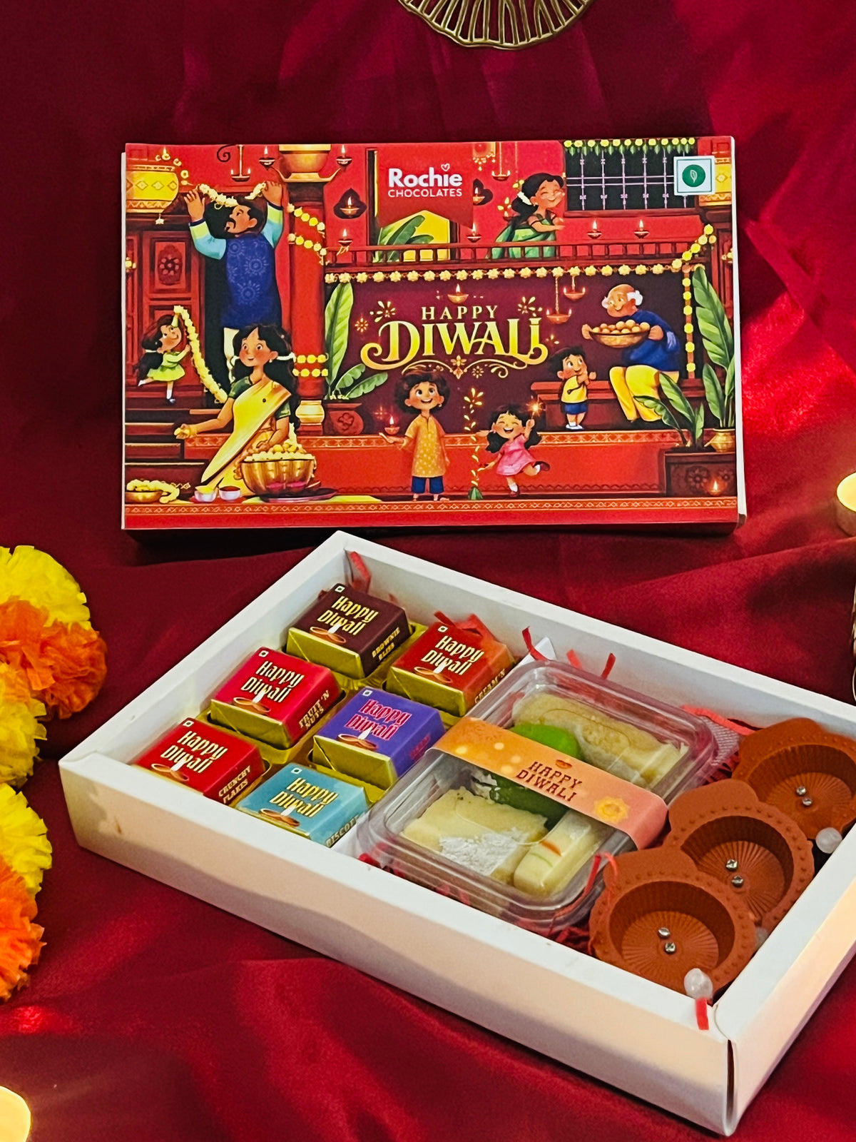 Happy Diwali Gift Box – Premium Chocolates, Sweets & Electric Diyas Set of 2